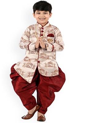 Red Printed Silk Kurta Dhoti Set For Boys