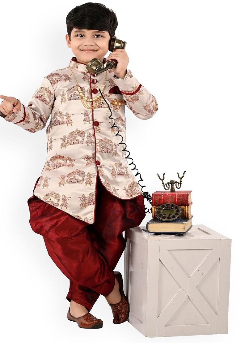 Red Printed Silk Kurta Dhoti Set For Boys - Indya
