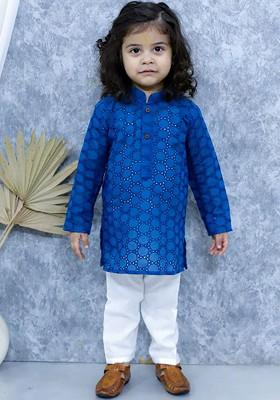 Blue Embroidered Cotton Kurta Set For Boys