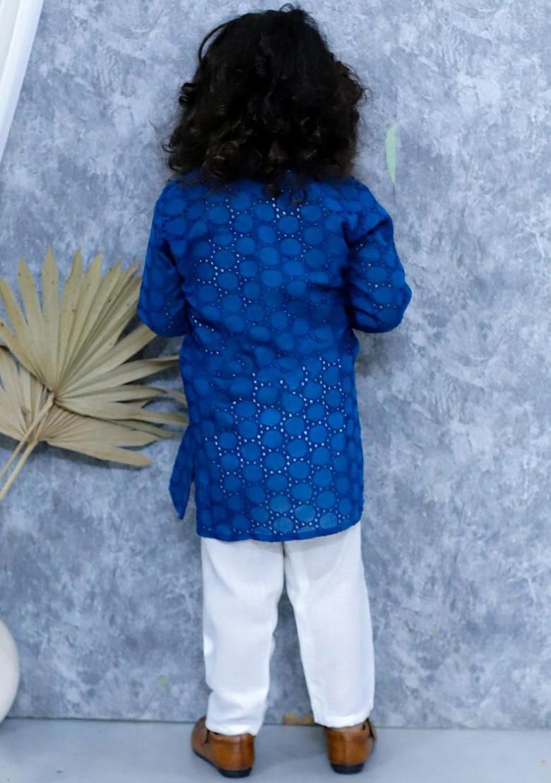 Blue Embroidered Cotton Kurta Set For Boys - Indya