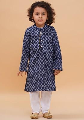 Blue Printed Cotton Kurta Set For Boys