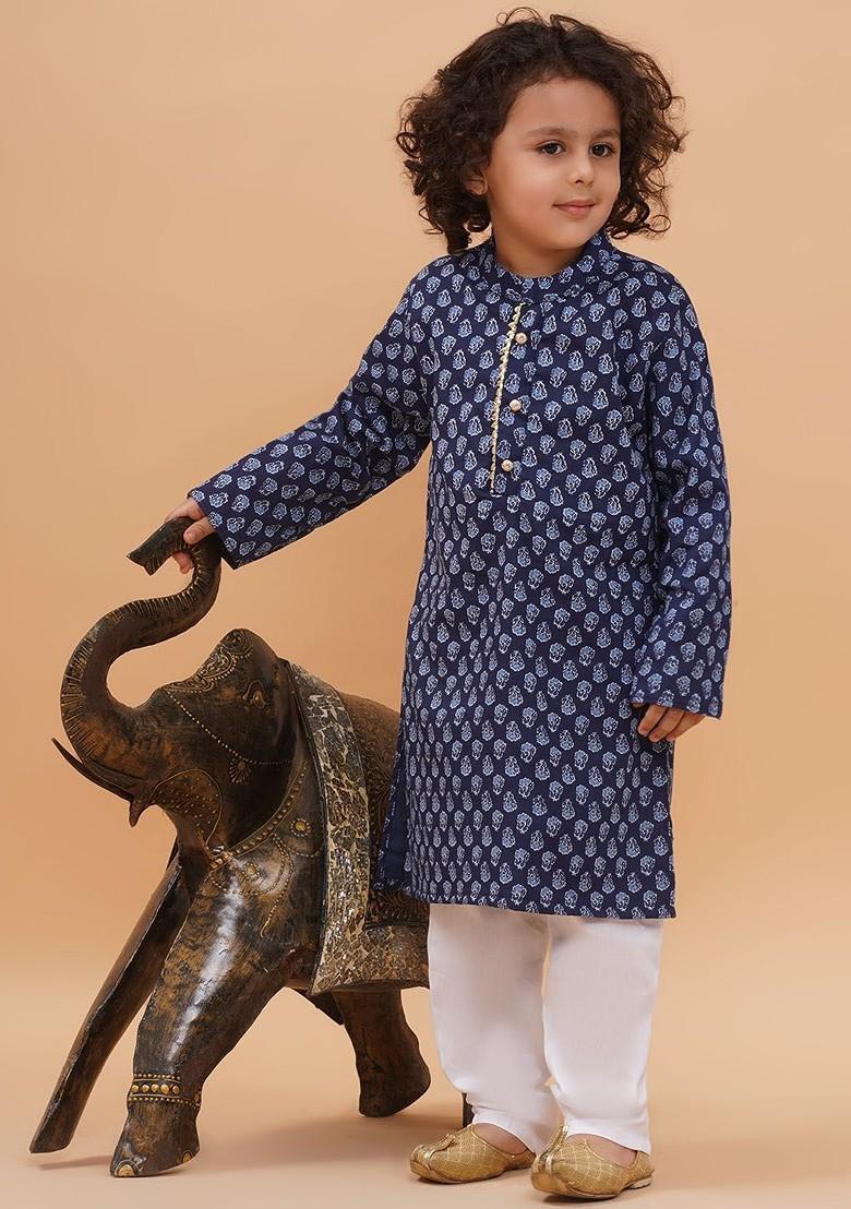 Blue Printed Cotton Kurta Set For Boys - Indya