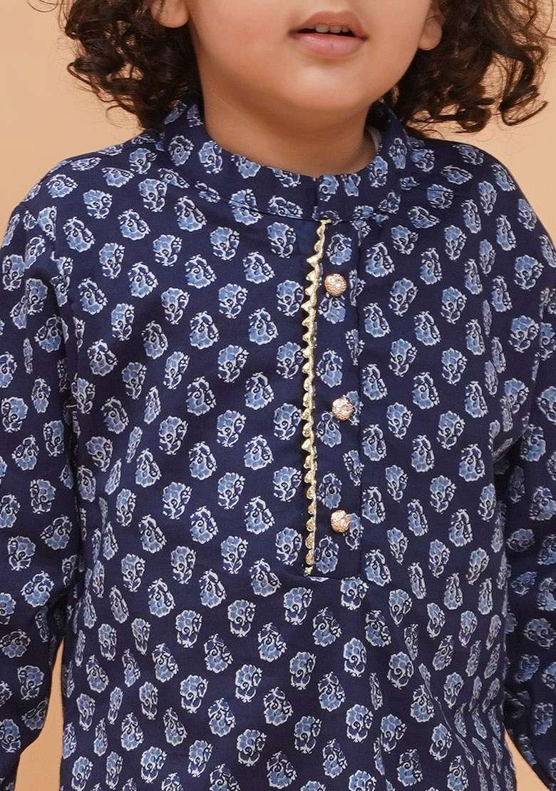 Blue Printed Cotton Kurta Set For Boys - Indya