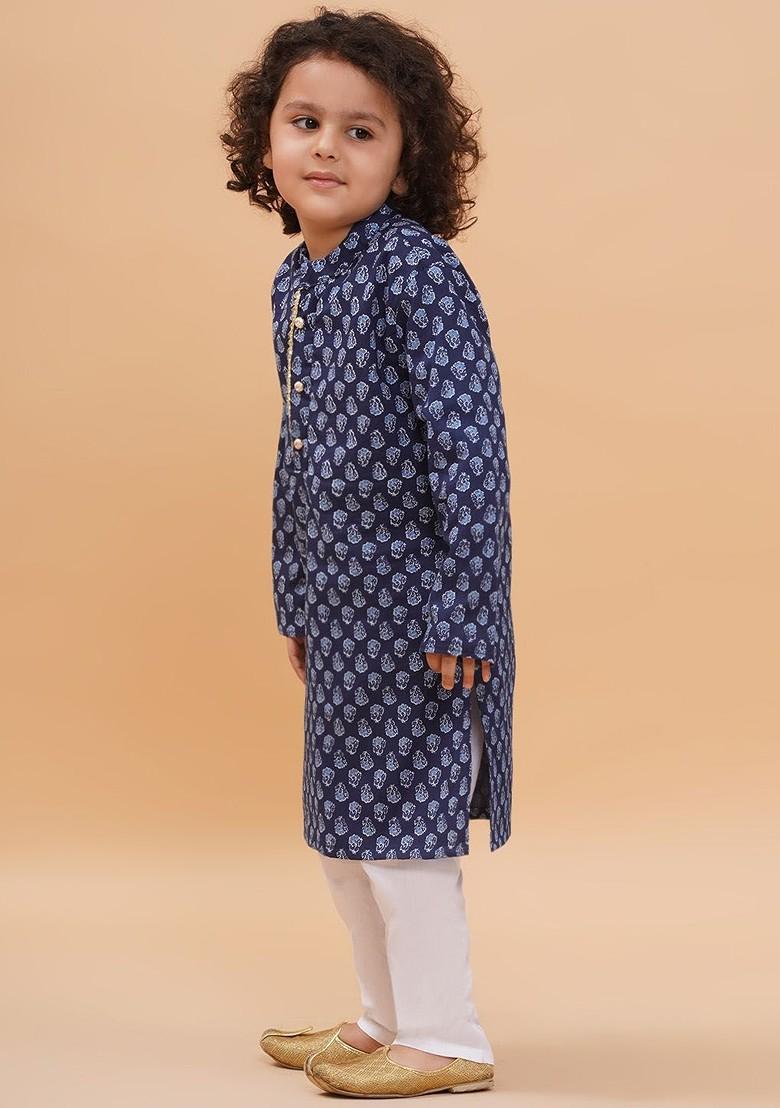 Blue Printed Cotton Kurta Set For Boys - Indya