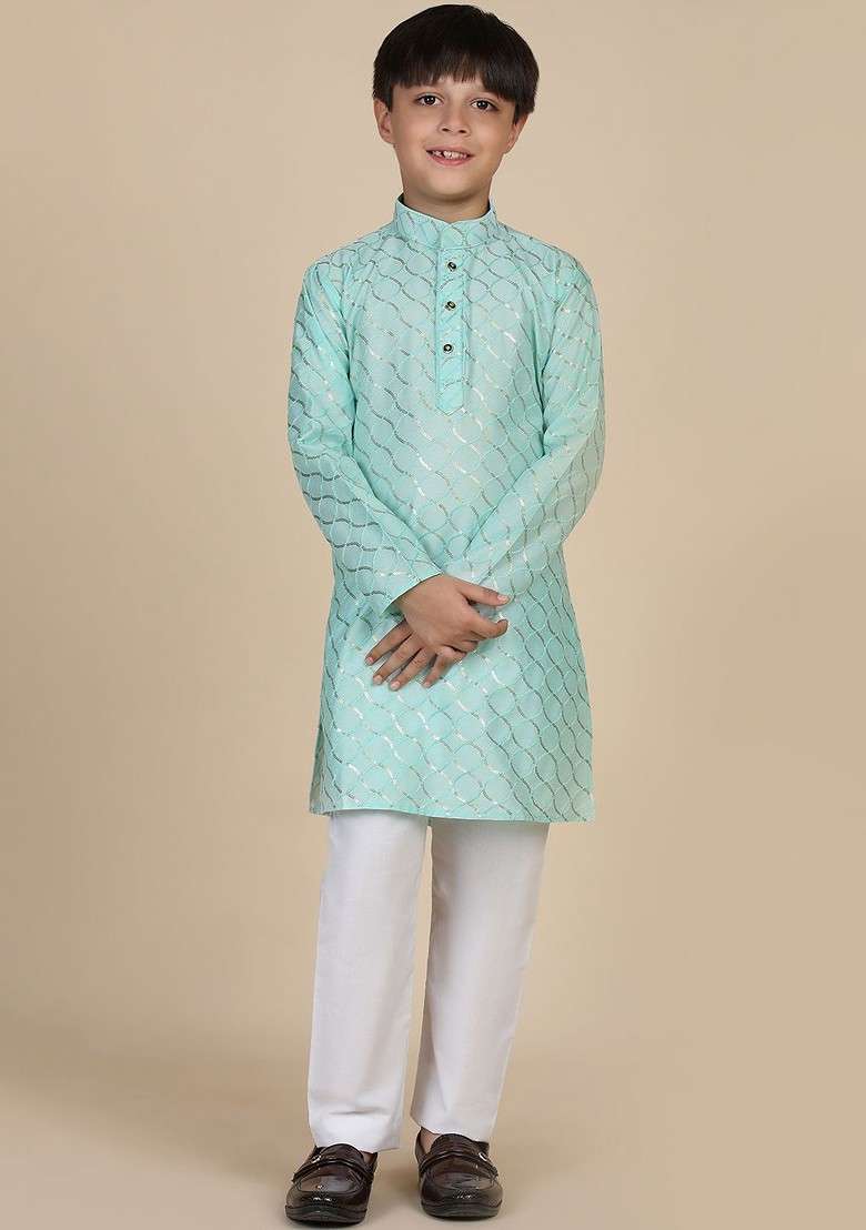 Turquoise Blue Embroidered Blended Kurta Set For Boys - Indya
