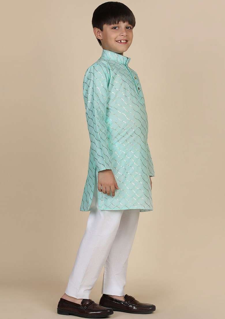 Turquoise Blue Embroidered Blended Kurta Set For Boys - Indya