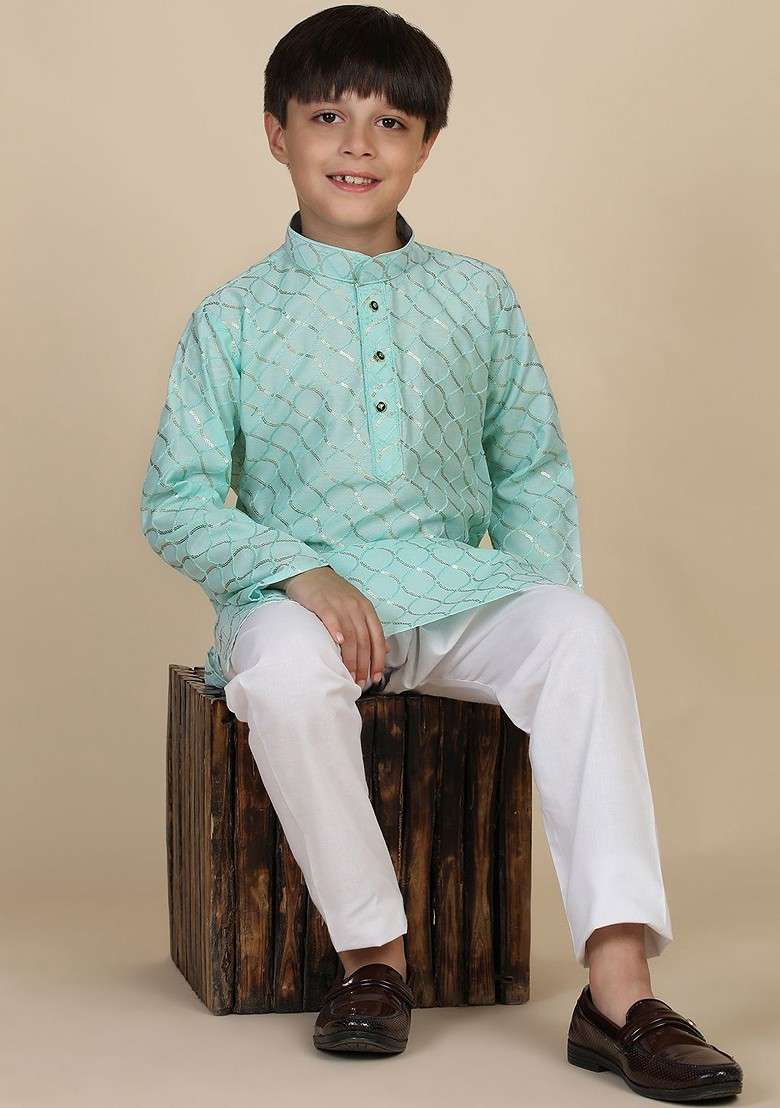 Turquoise Blue Embroidered Blended Kurta Set For Boys - Indya