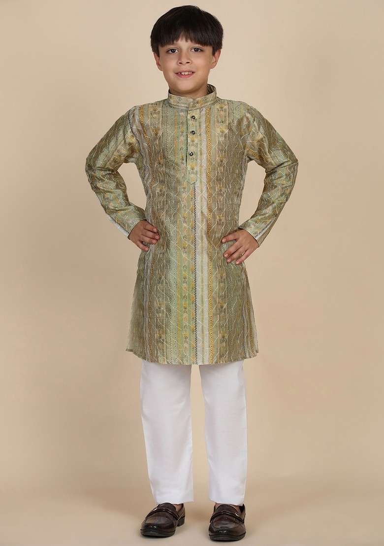 Green Embroidered Blended Kurta Set For Boys - Indya