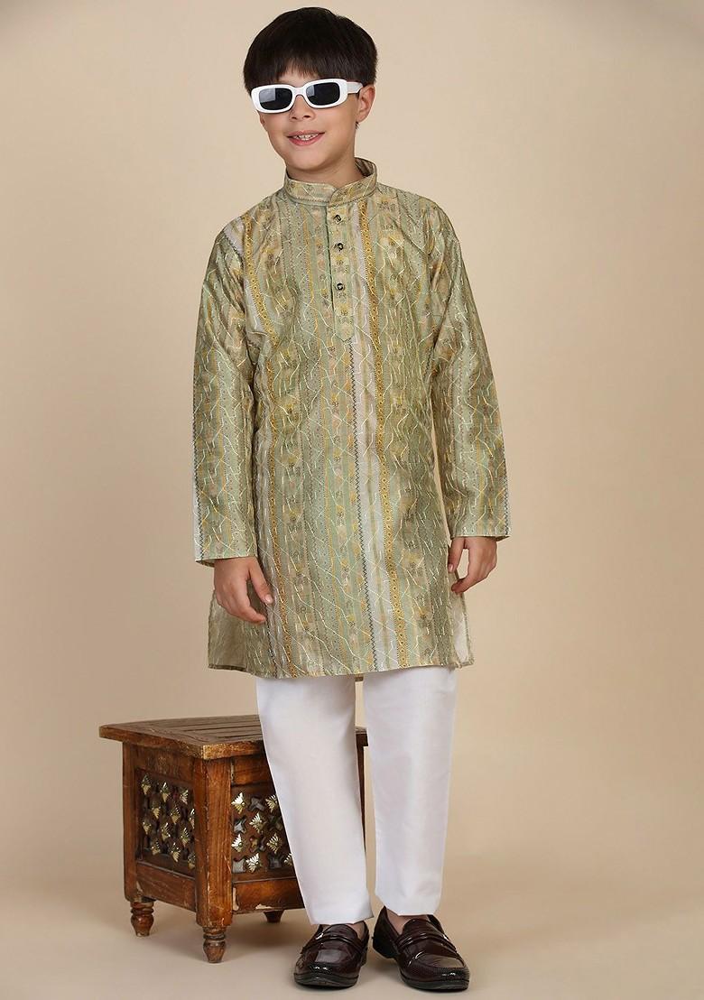Green Embroidered Blended Kurta Set For Boys - Indya