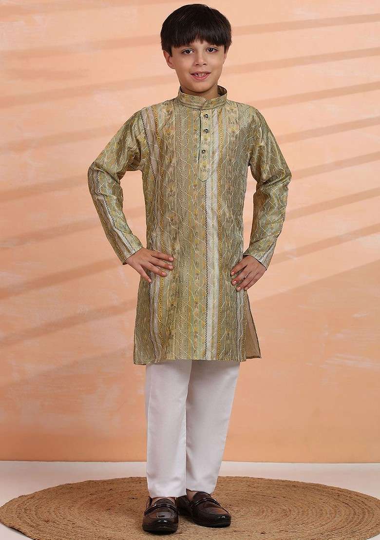 Green Embroidered Blended Kurta Set For Boys - Indya