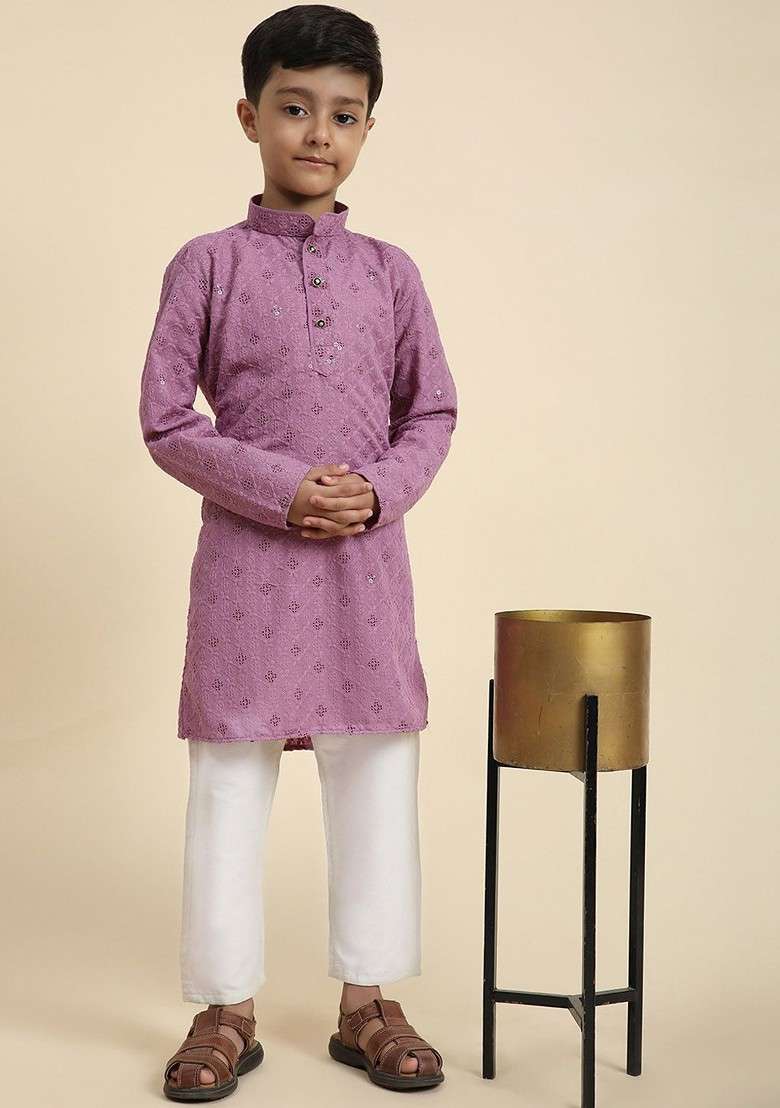 Purple Embroidered Cotton Kurta Set For Boys - Indya