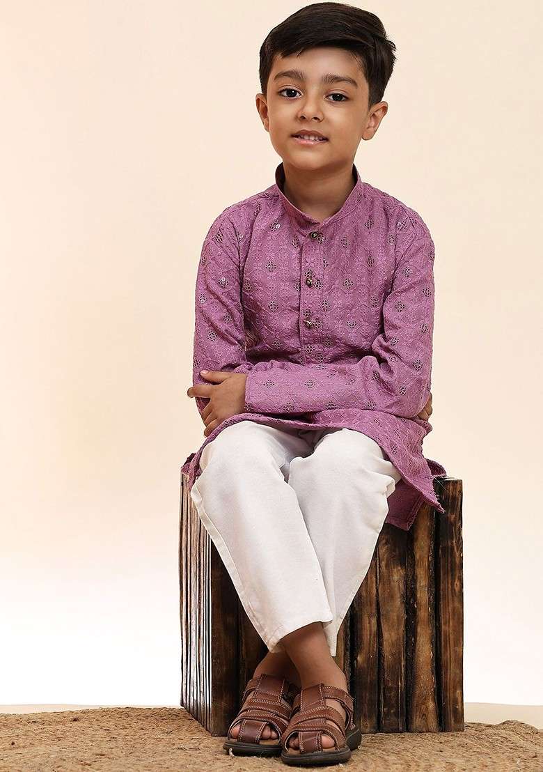 Purple Embroidered Cotton Kurta Set For Boys - Indya