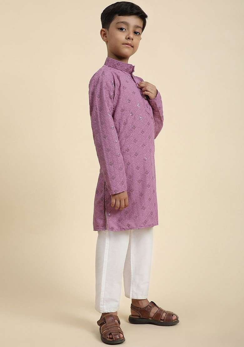 Purple Embroidered Cotton Kurta Set For Boys - Indya