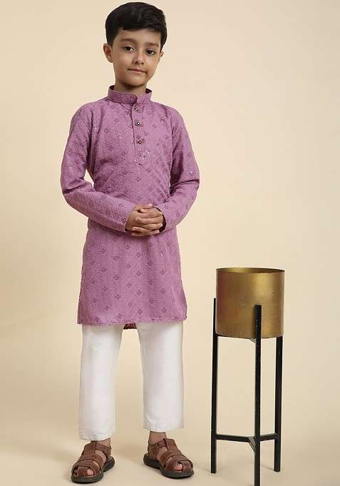 Purple Embroidered Cotton Kurta Set For Boys
