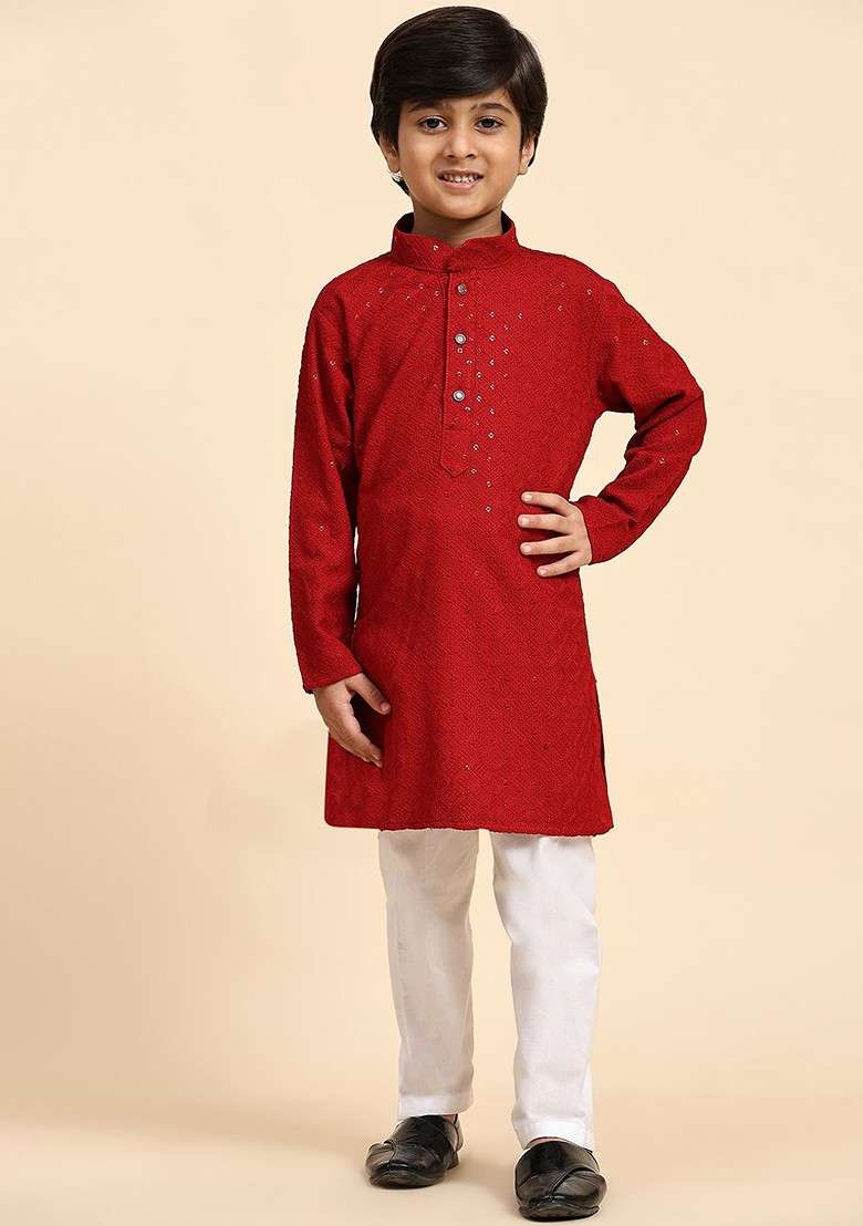 Maroon Embroidered Blended Kurta Set For Boys - Indya