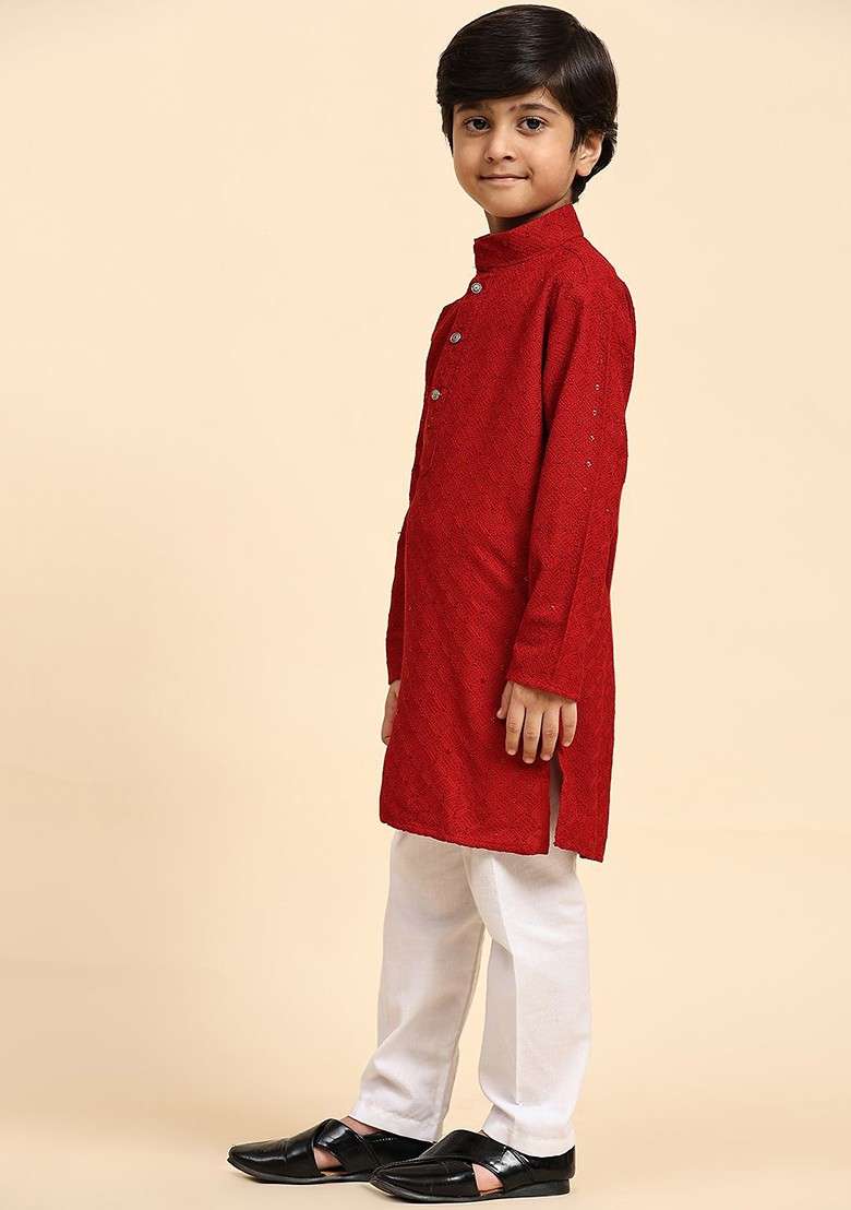 Maroon Embroidered Blended Kurta Set For Boys - Indya