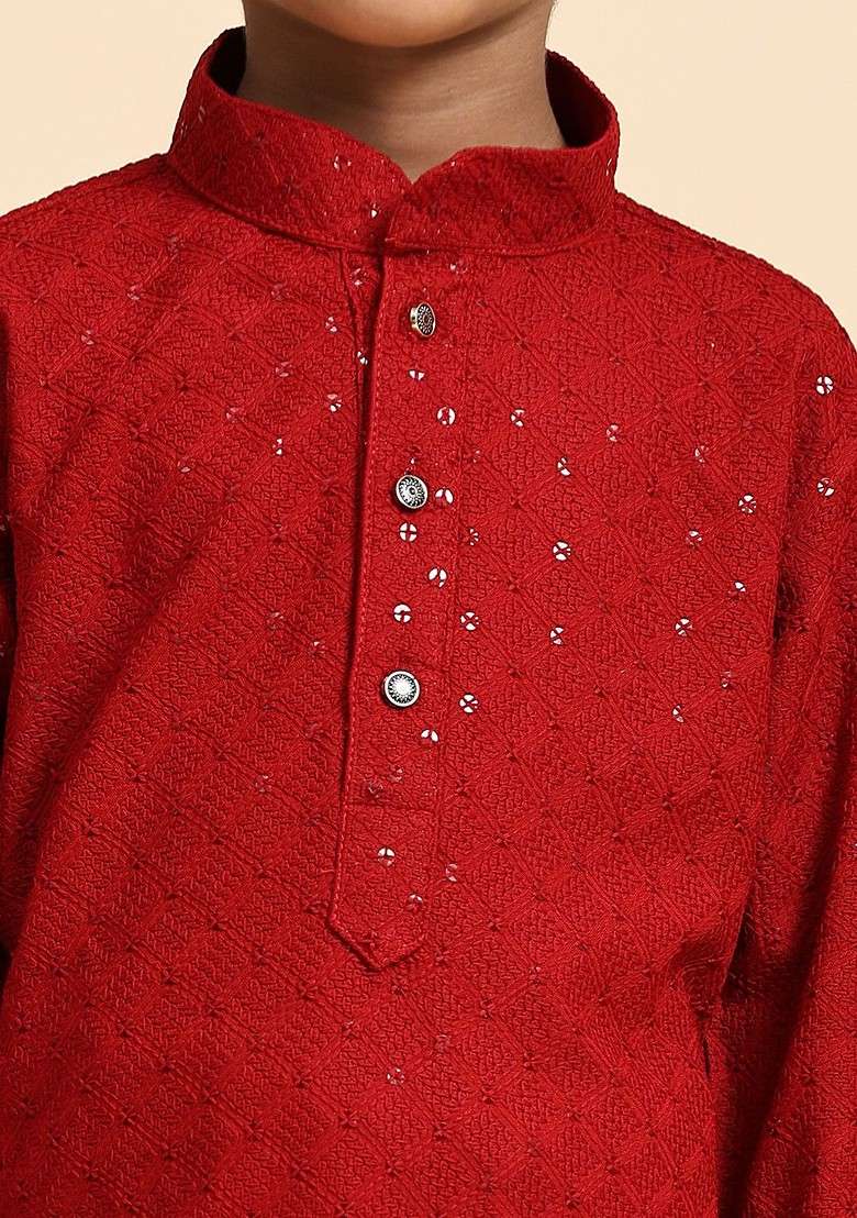 Maroon Embroidered Blended Kurta Set For Boys - Indya