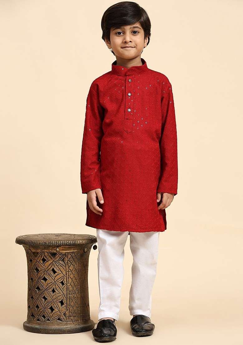 Maroon Embroidered Blended Kurta Set For Boys - Indya