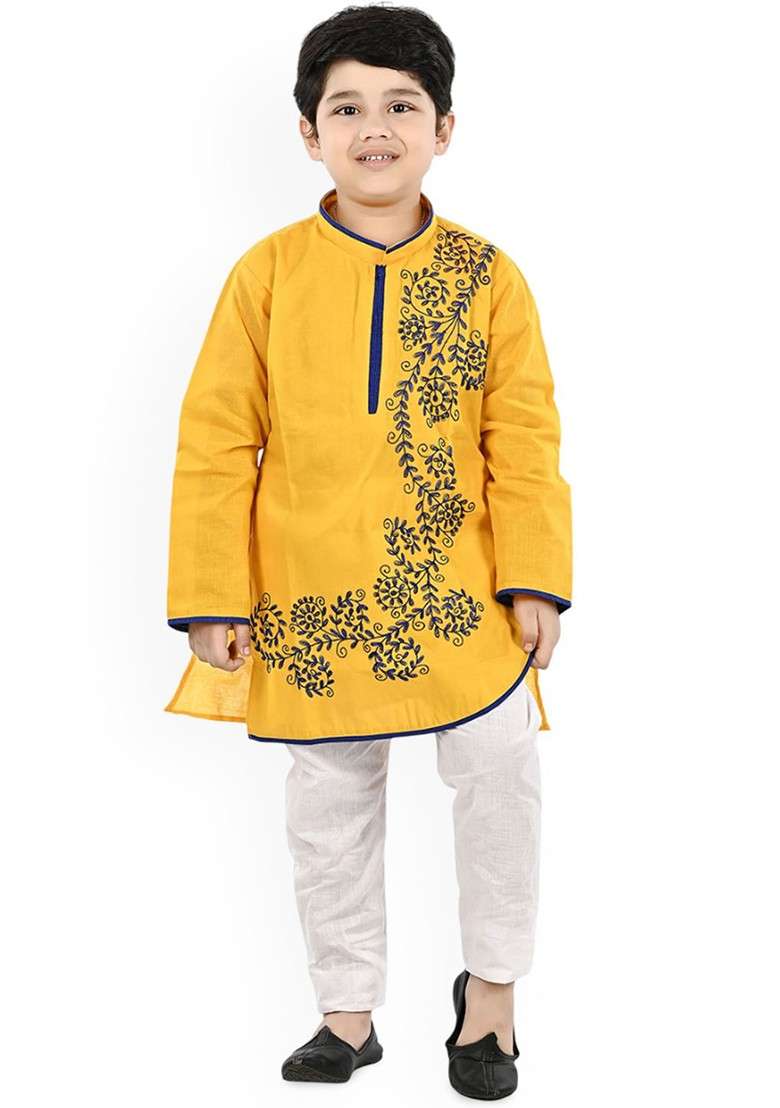 Yellow Embroidered Blended Kurta Set For Boys - Indya