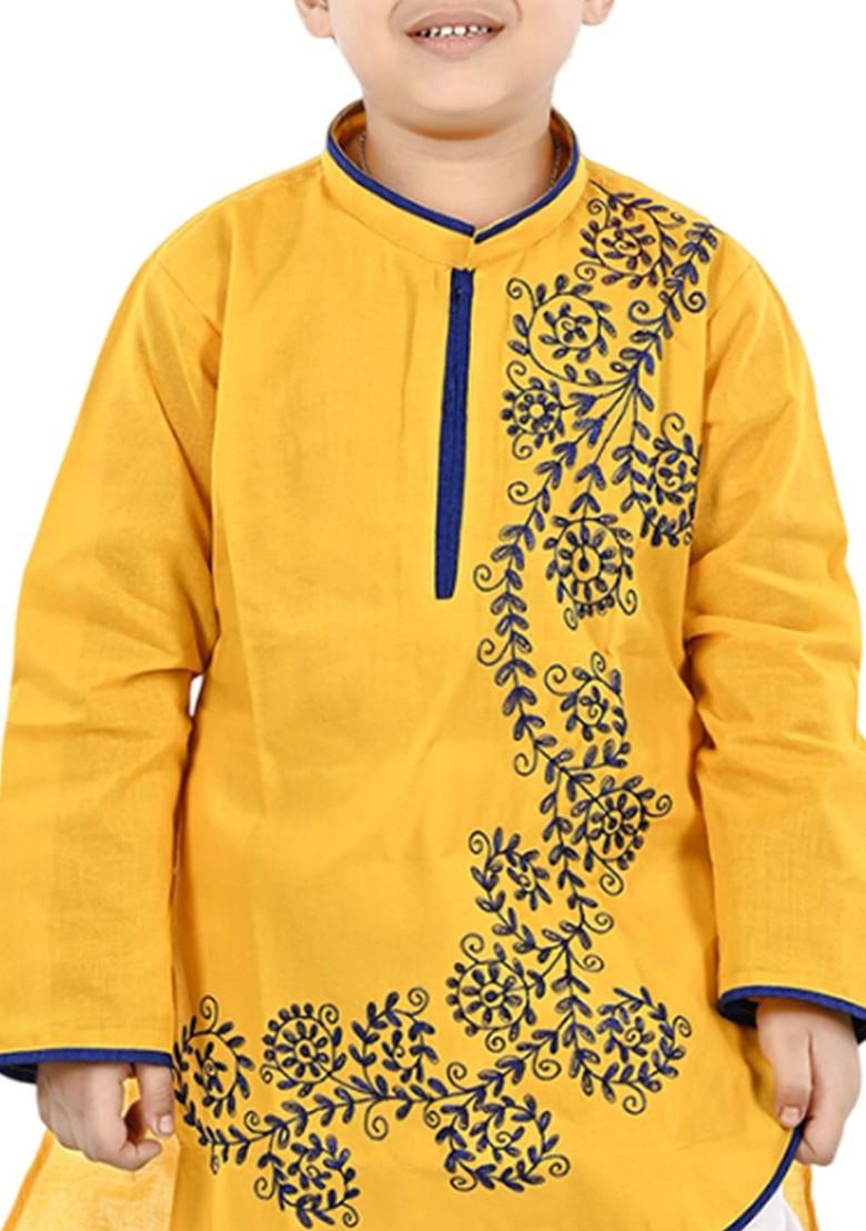 Yellow Embroidered Blended Kurta Set For Boys - Indya