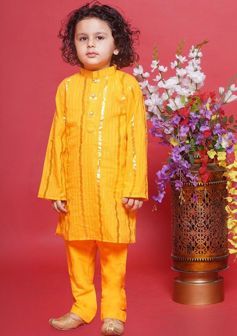 Yellow Striped Cotton Kurta Set For Boys - Indya