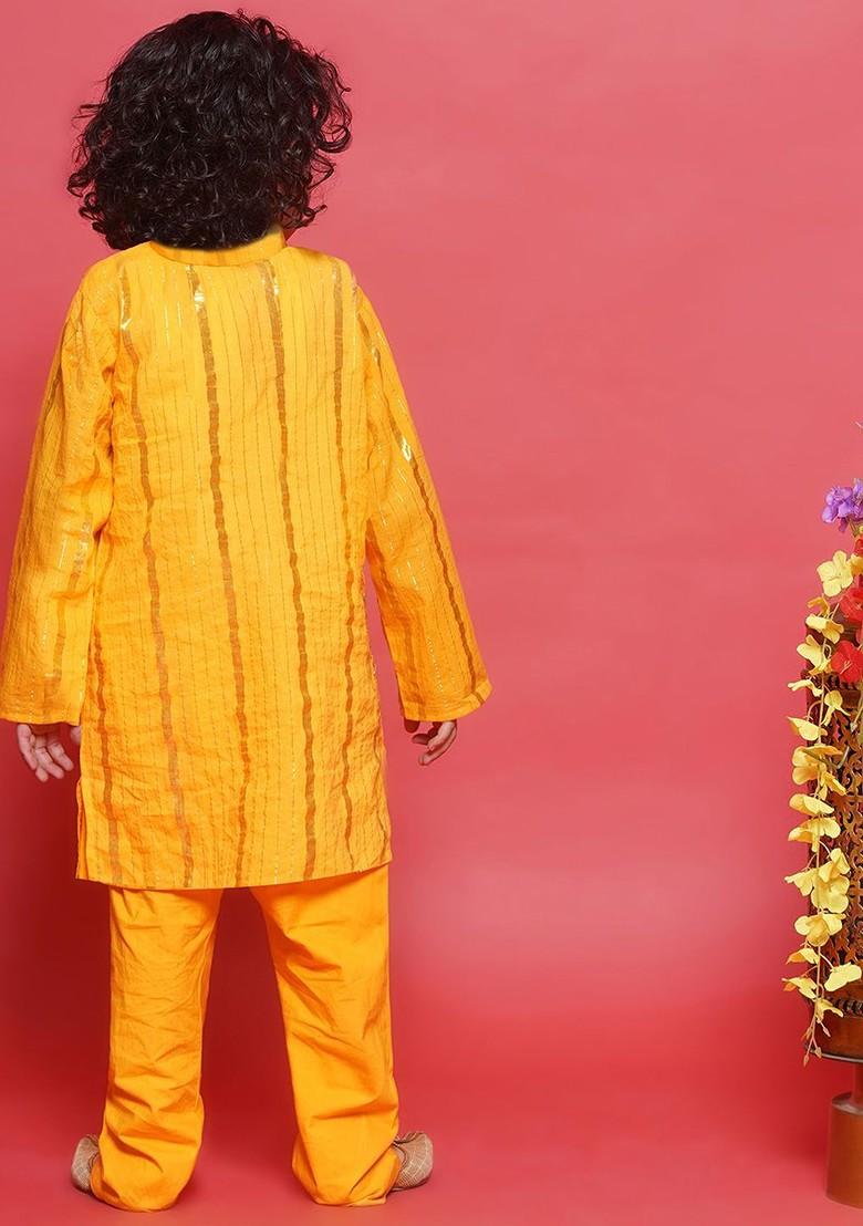 Yellow Striped Cotton Kurta Set For Boys - Indya