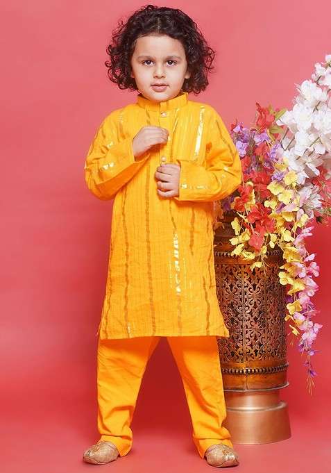 Yellow Striped Cotton Kurta Set For Boys