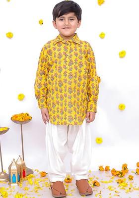 Yellow Printed Blended Kurta Set For Boys