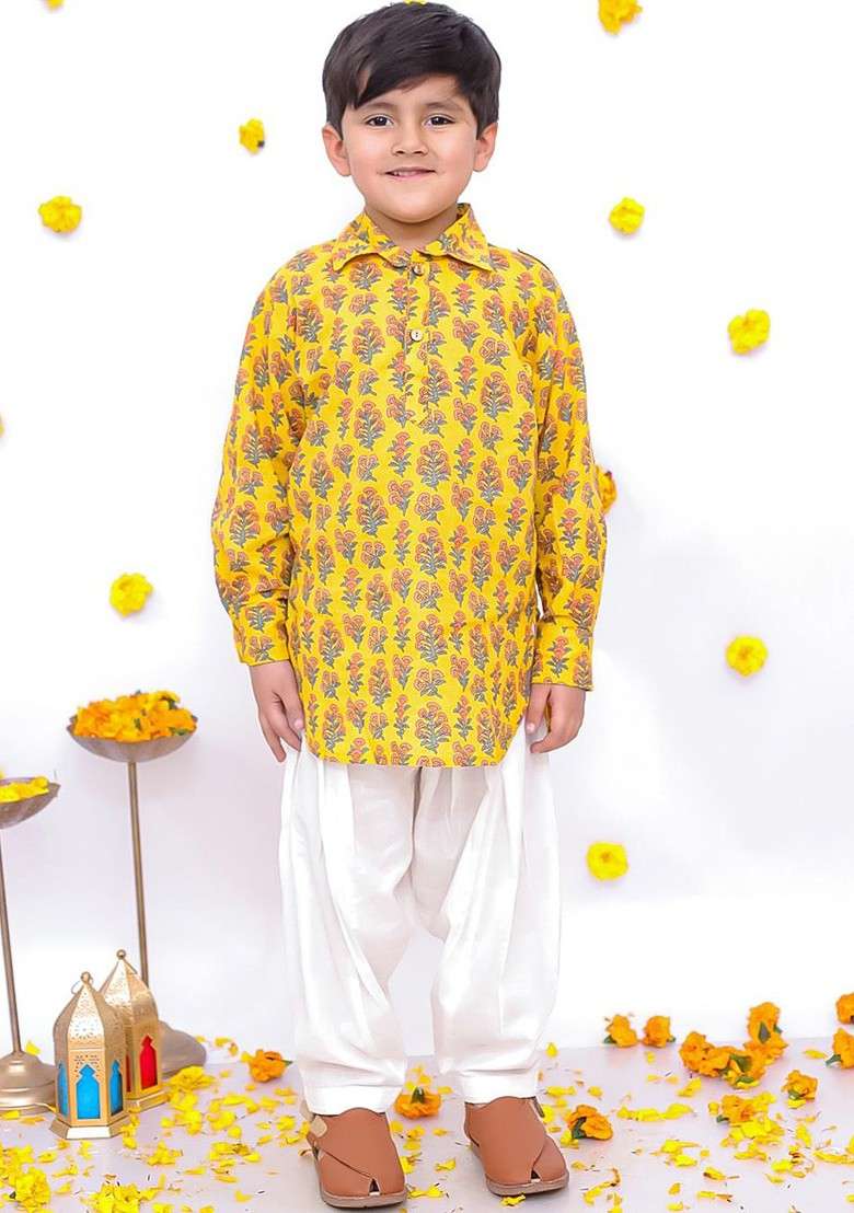 Yellow Printed Blended Kurta Set For Boys - Indya