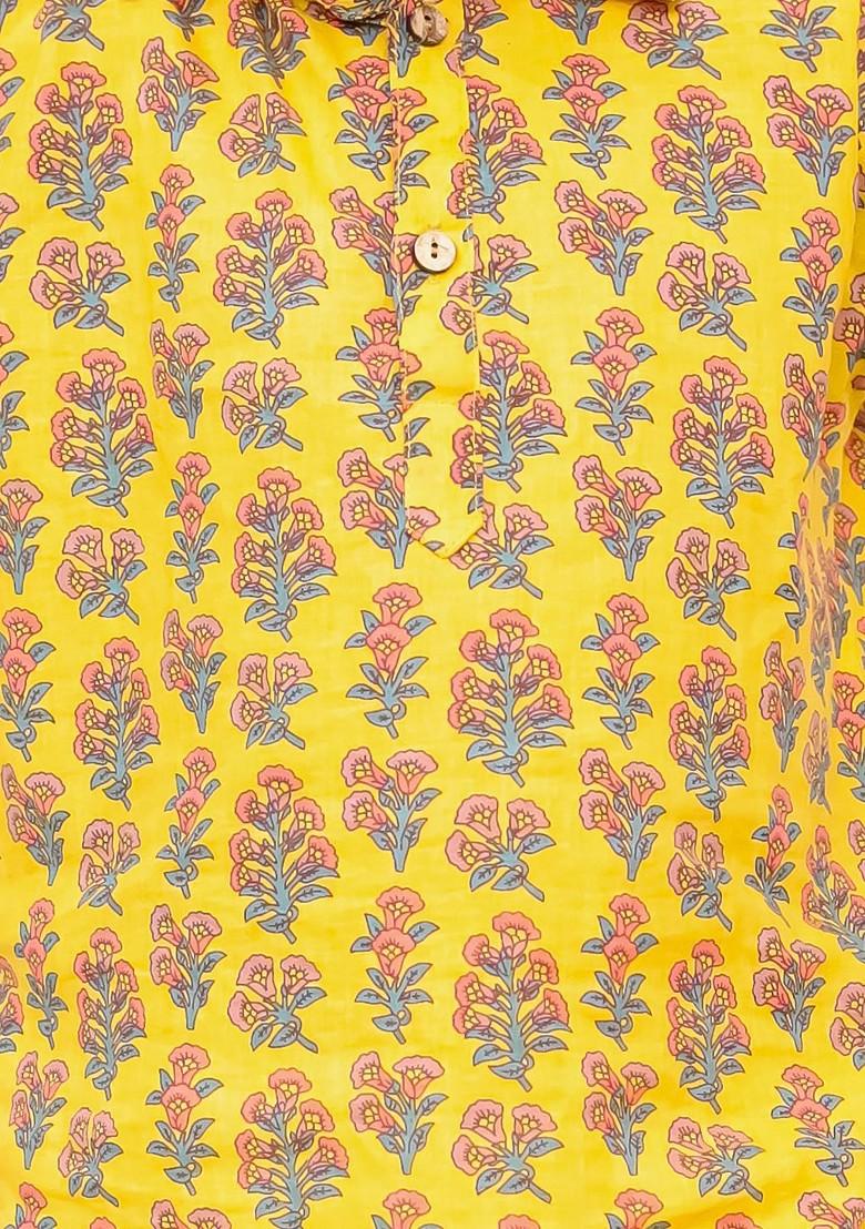 Yellow Printed Blended Kurta Set For Boys - Indya