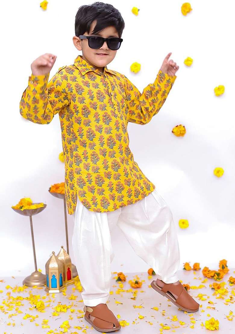 Yellow Printed Blended Kurta Set For Boys - Indya