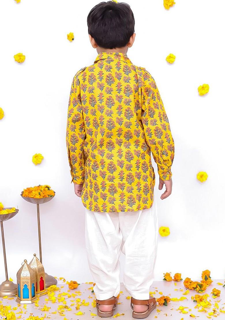 Yellow Printed Blended Kurta Set For Boys - Indya