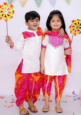 White Printed Blended Kurta Dhoti Set For Boys