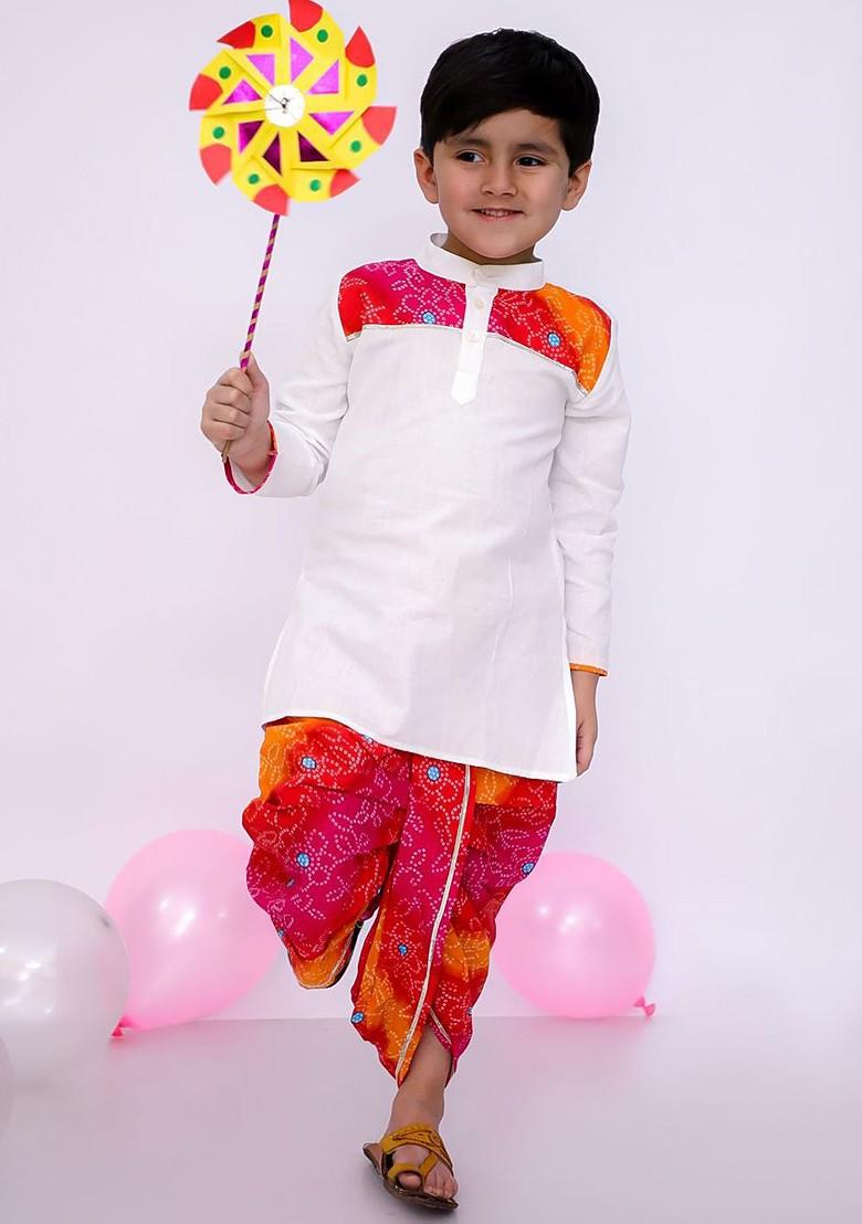White Printed Blended Kurta Dhoti Set For Boys - Indya
