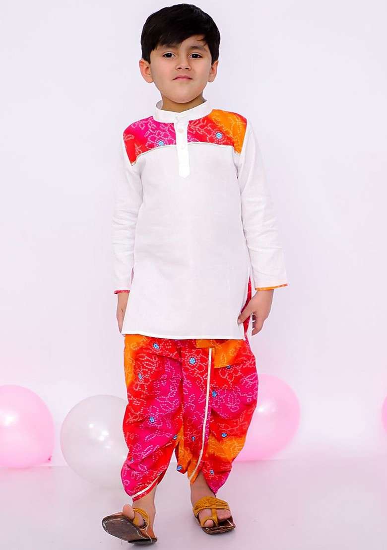 White Printed Blended Kurta Dhoti Set For Boys - Indya
