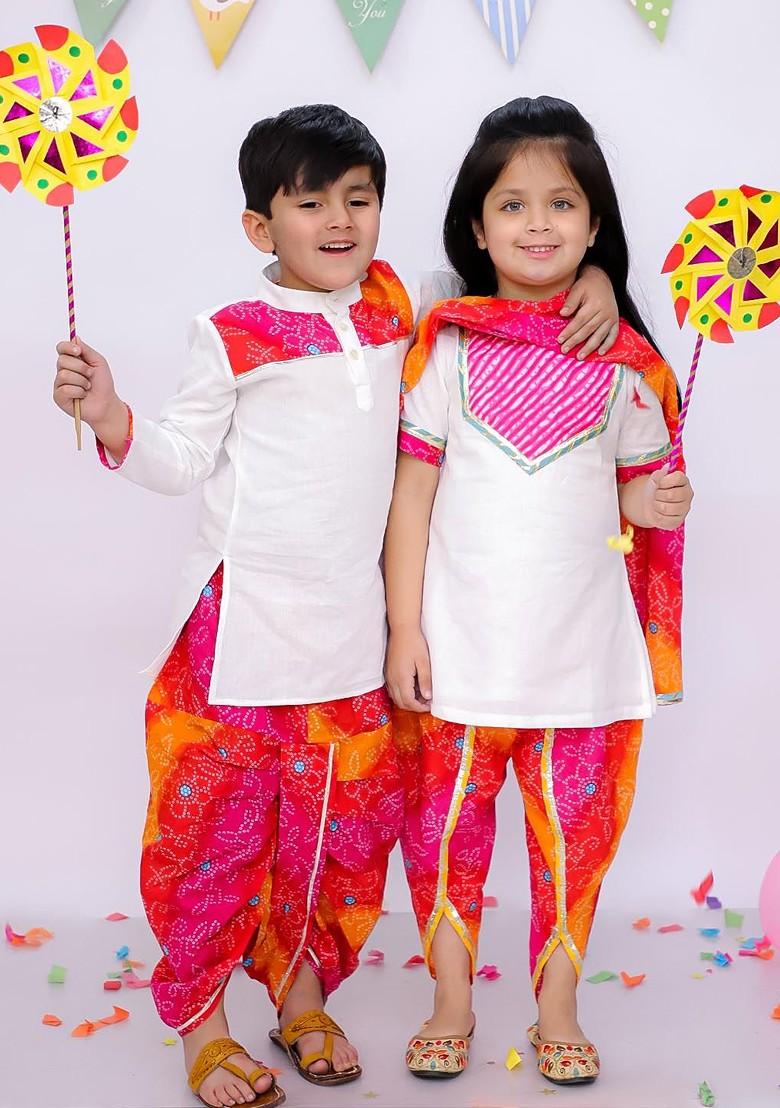 White Printed Blended Kurta Dhoti Set For Boys - Indya