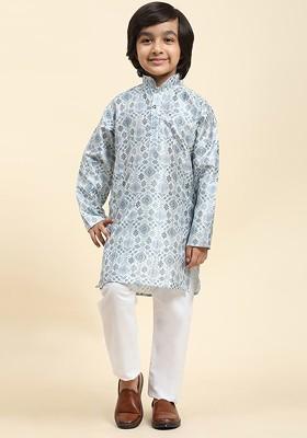 Blue Printed Blended Kurta Set For Boys