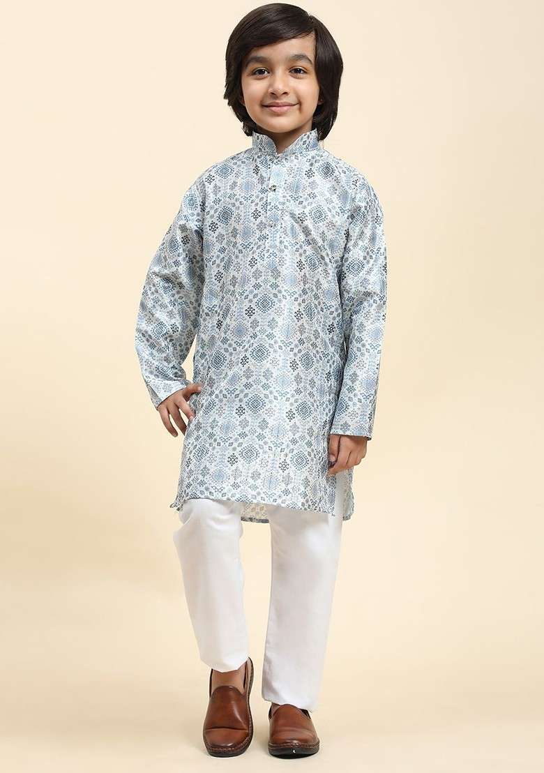 Blue Printed Blended Kurta Set For Boys - Indya