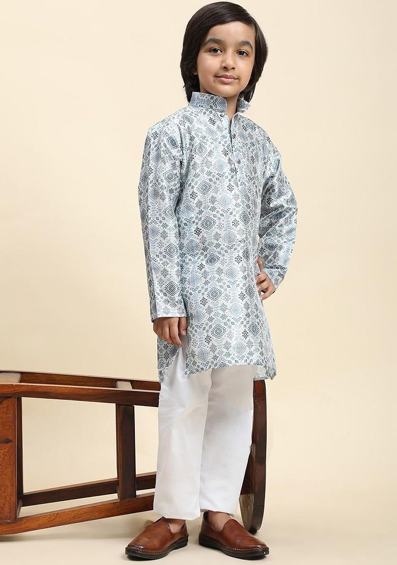 Blue Printed Blended Kurta Set For Boys - Indya