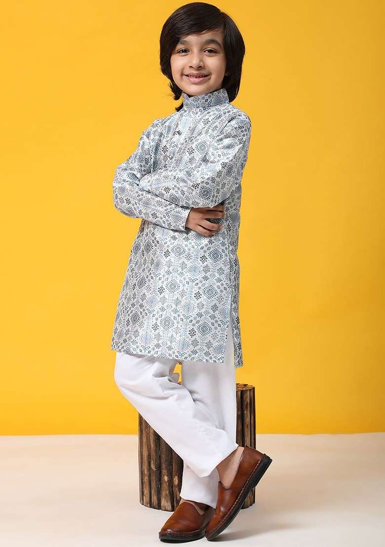Blue Printed Blended Kurta Set For Boys - Indya