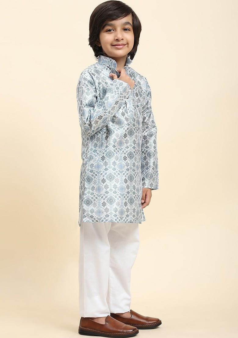Blue Printed Blended Kurta Set For Boys - Indya