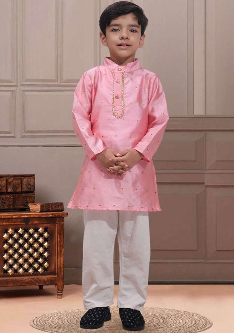 Pink Embroidered Blended Kurta Set For Boys - Indya