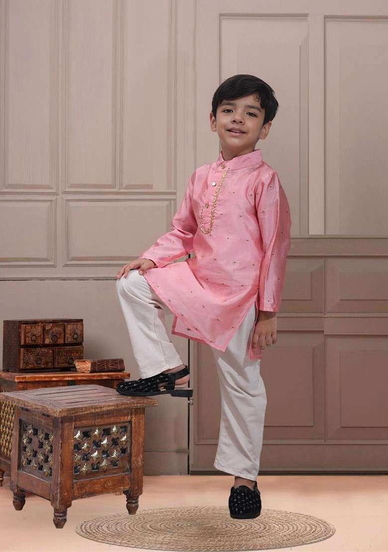 Pink Embroidered Blended Kurta Set For Boys - Indya