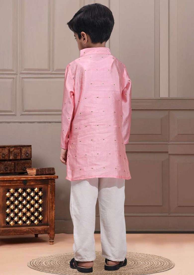 Pink Embroidered Blended Kurta Set For Boys - Indya