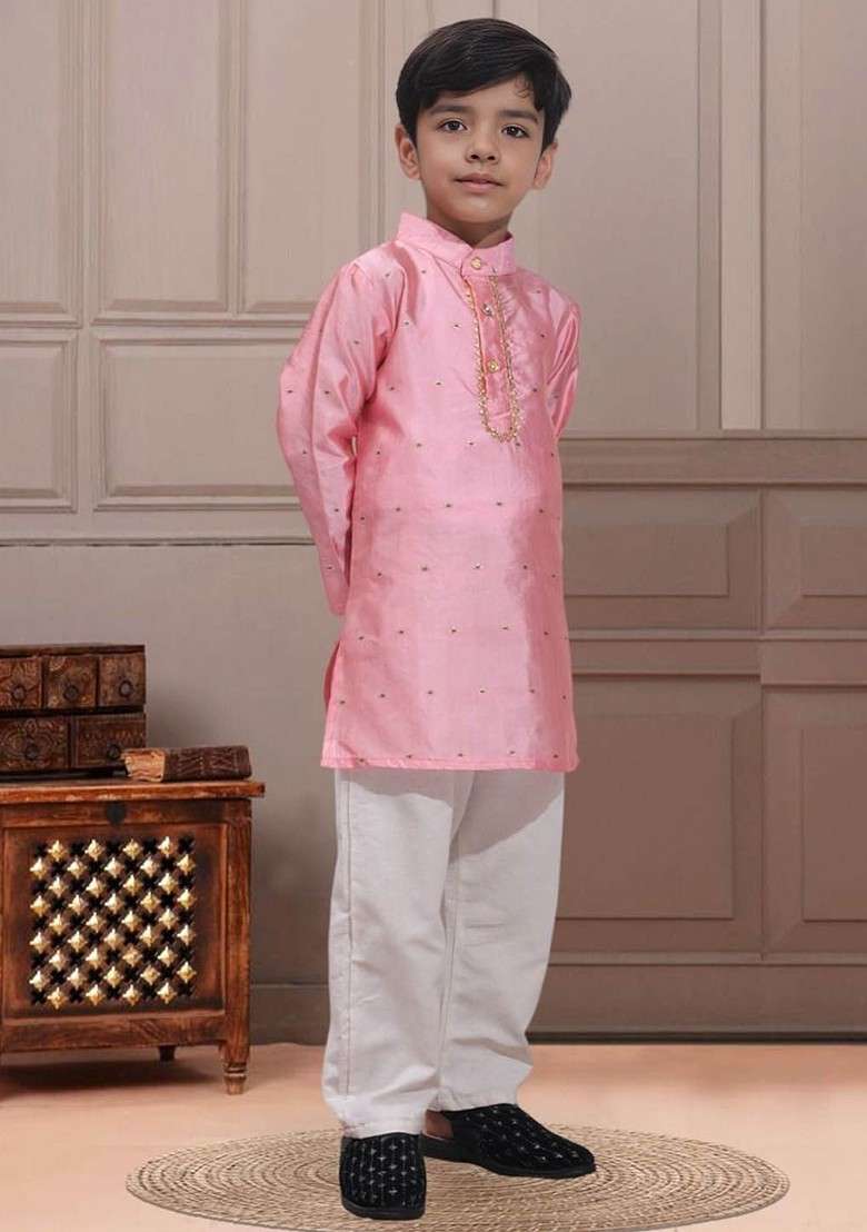 Pink Embroidered Blended Kurta Set For Boys - Indya