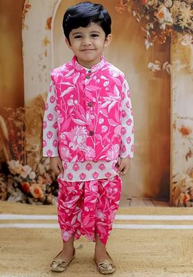 Pink Printed Cotton Nehru Jacket Set For Boys