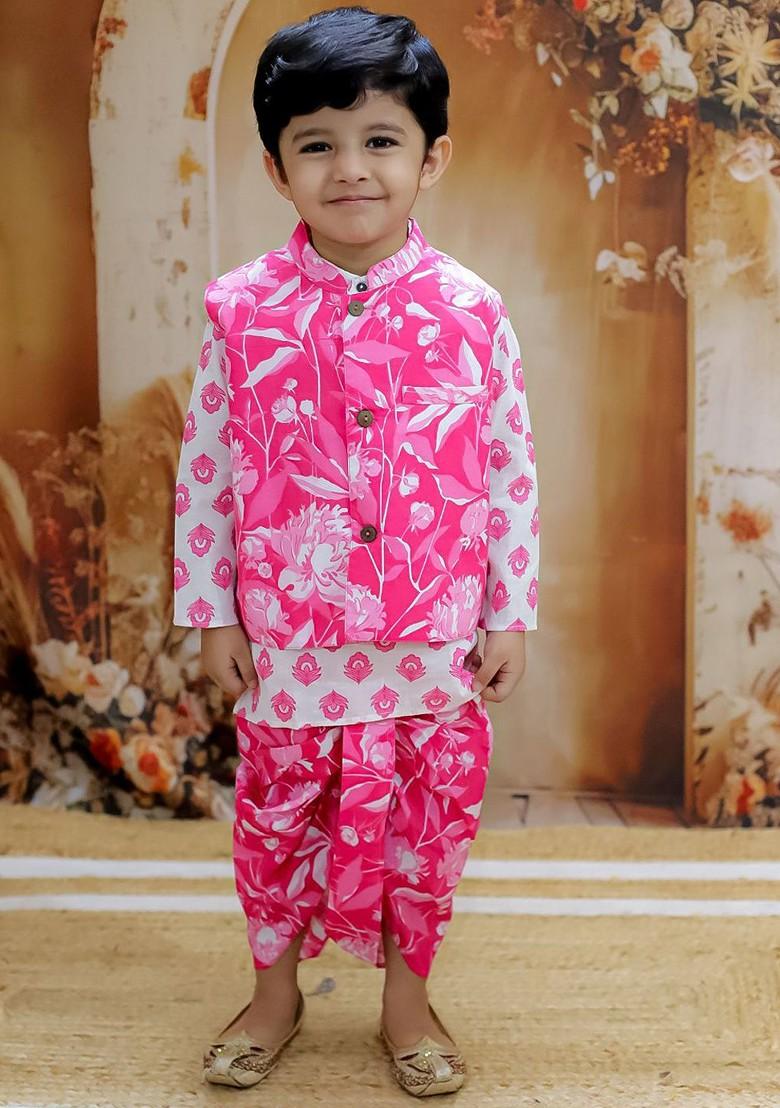 Pink Printed Cotton Nehru Jacket Set For Boys - Indya