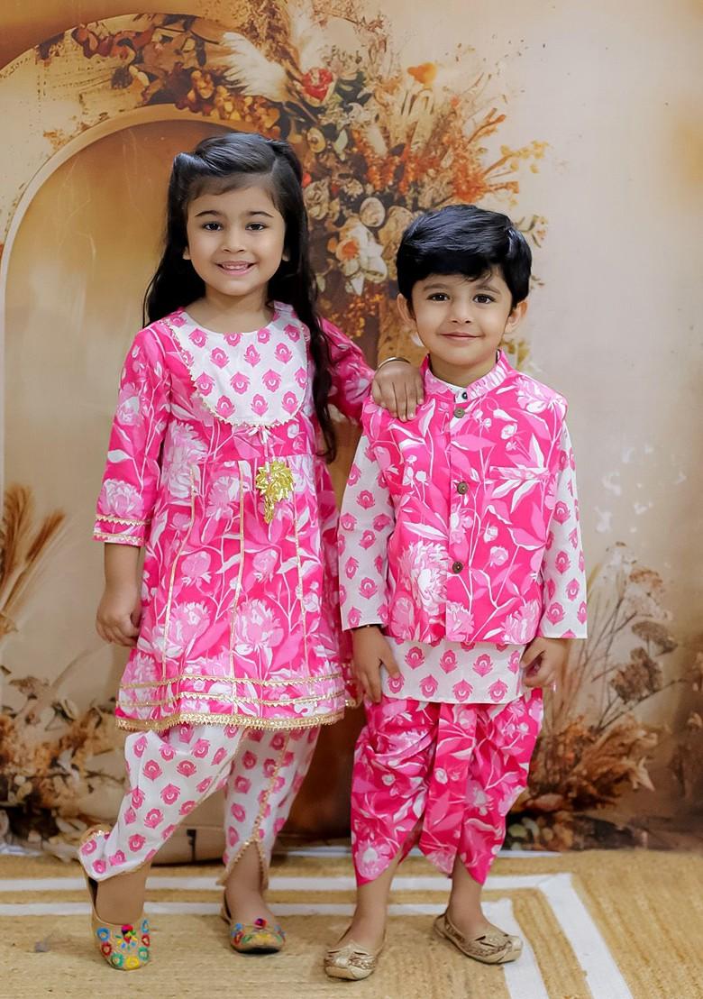 Pink Printed Cotton Nehru Jacket Set For Boys - Indya