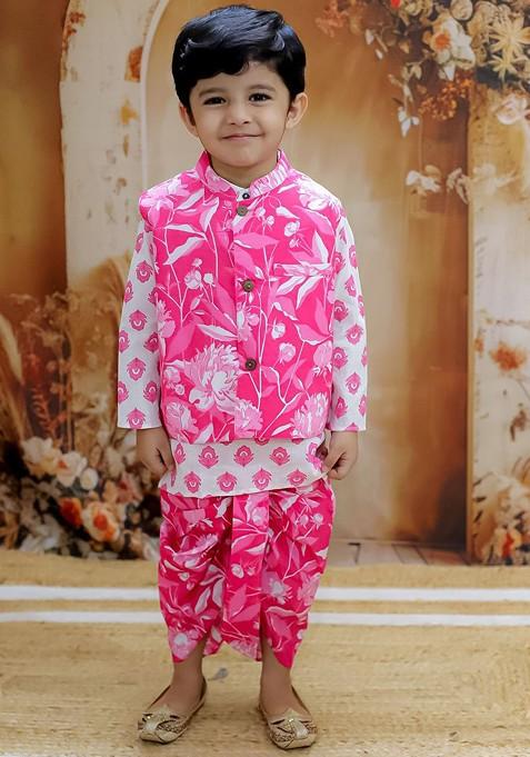Pink Printed Cotton Nehru Jacket Set For Boys