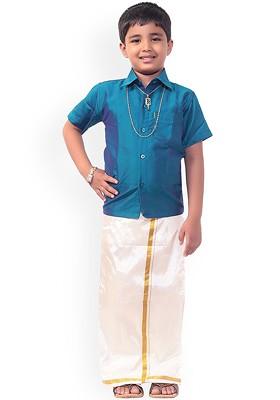 Blue Solid Blended Kurta Set For Boys